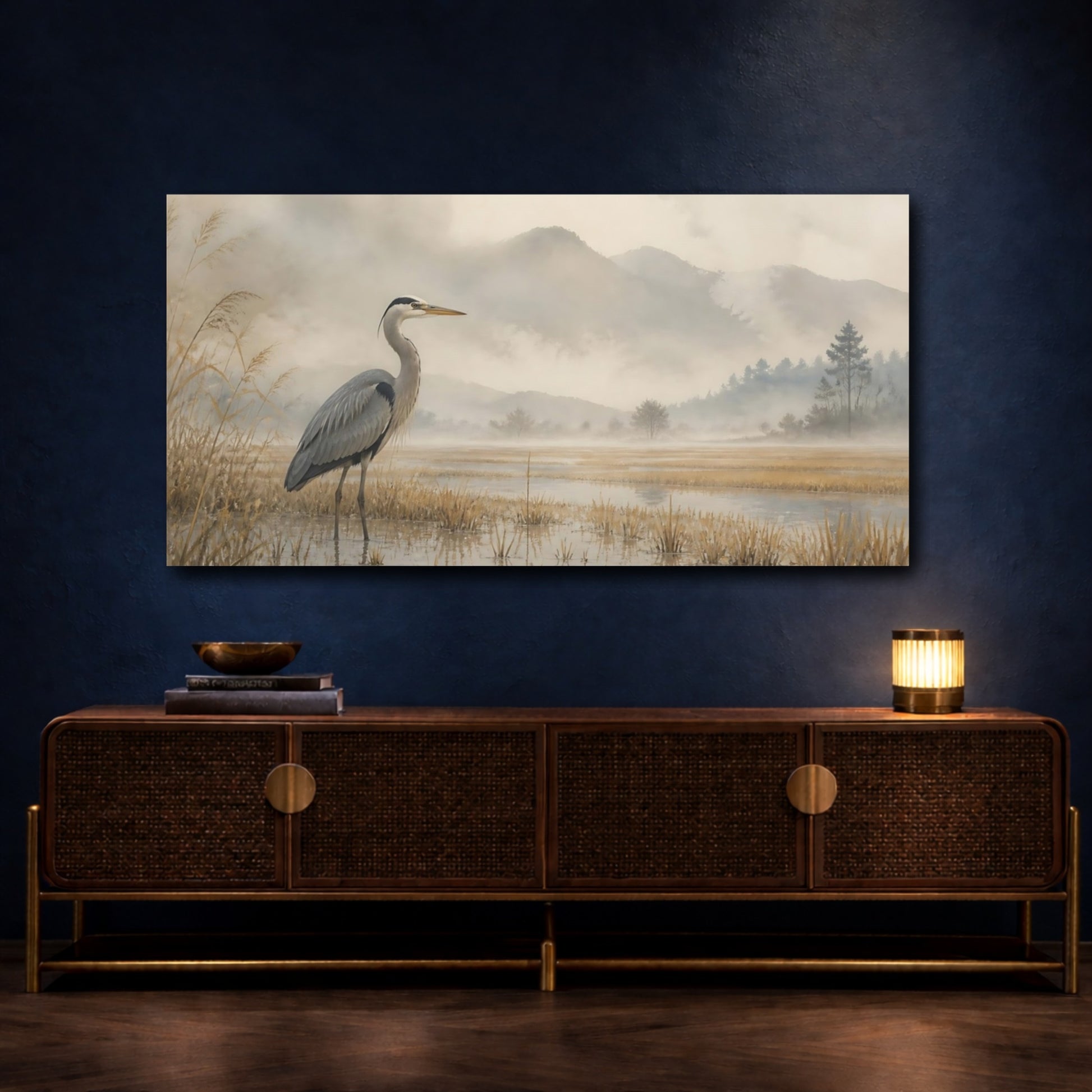 Mockup 4. Misty Marsh Heron shown as canvas print