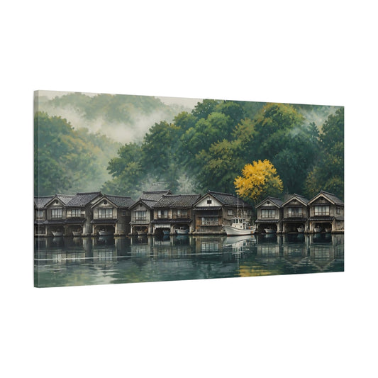 Main Mockup. Misty Morning Boathouses shown as canvas print