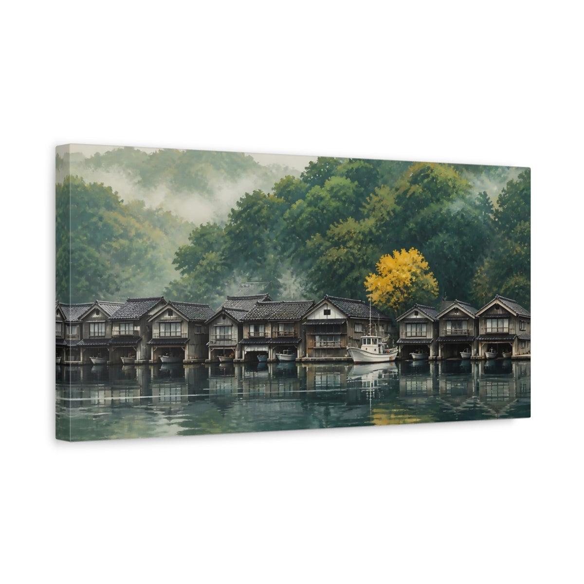 Side Mockup 3. Misty Morning Boathouses shown as canvas print