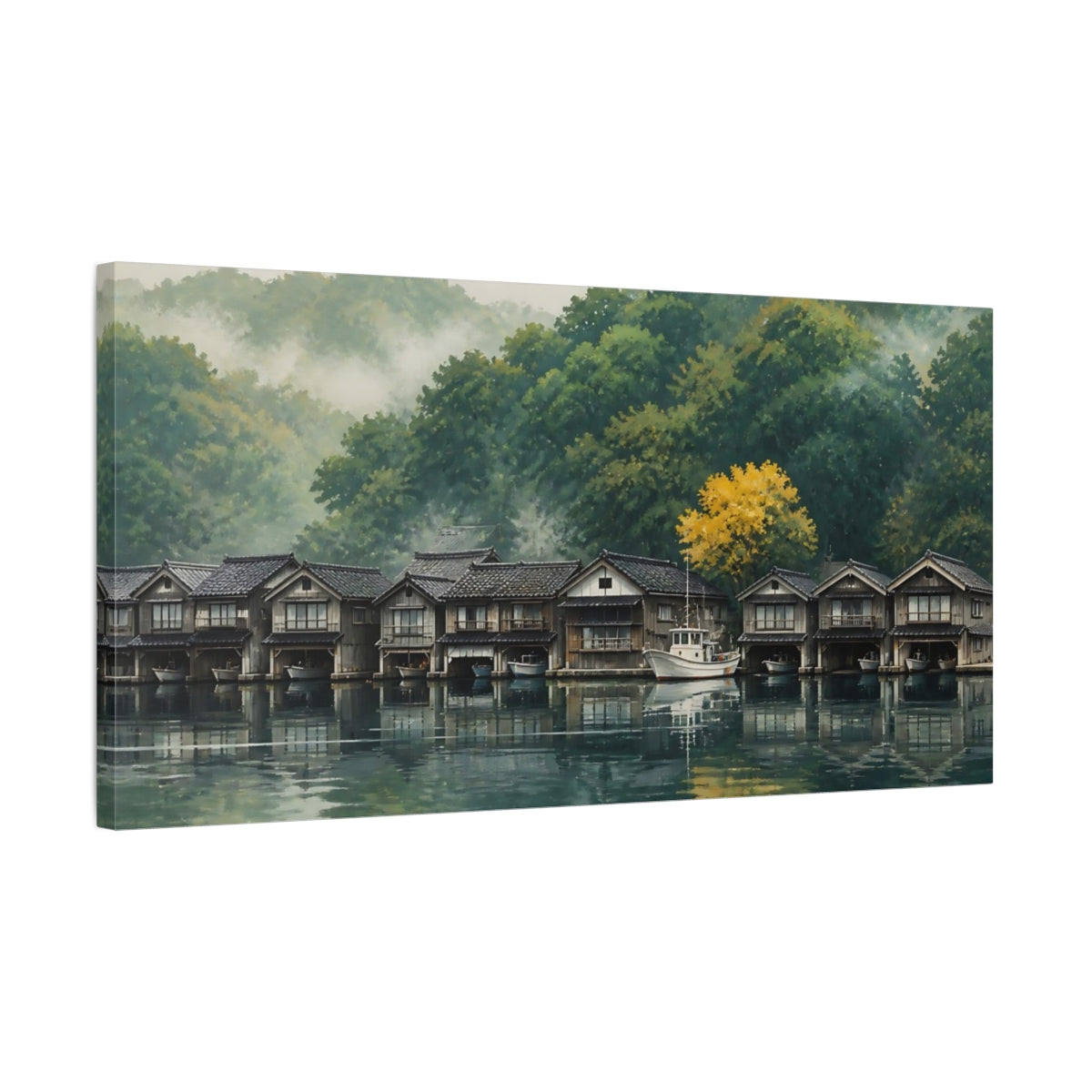 Side Mockup 1. Misty Morning Boathouses shown as canvas print