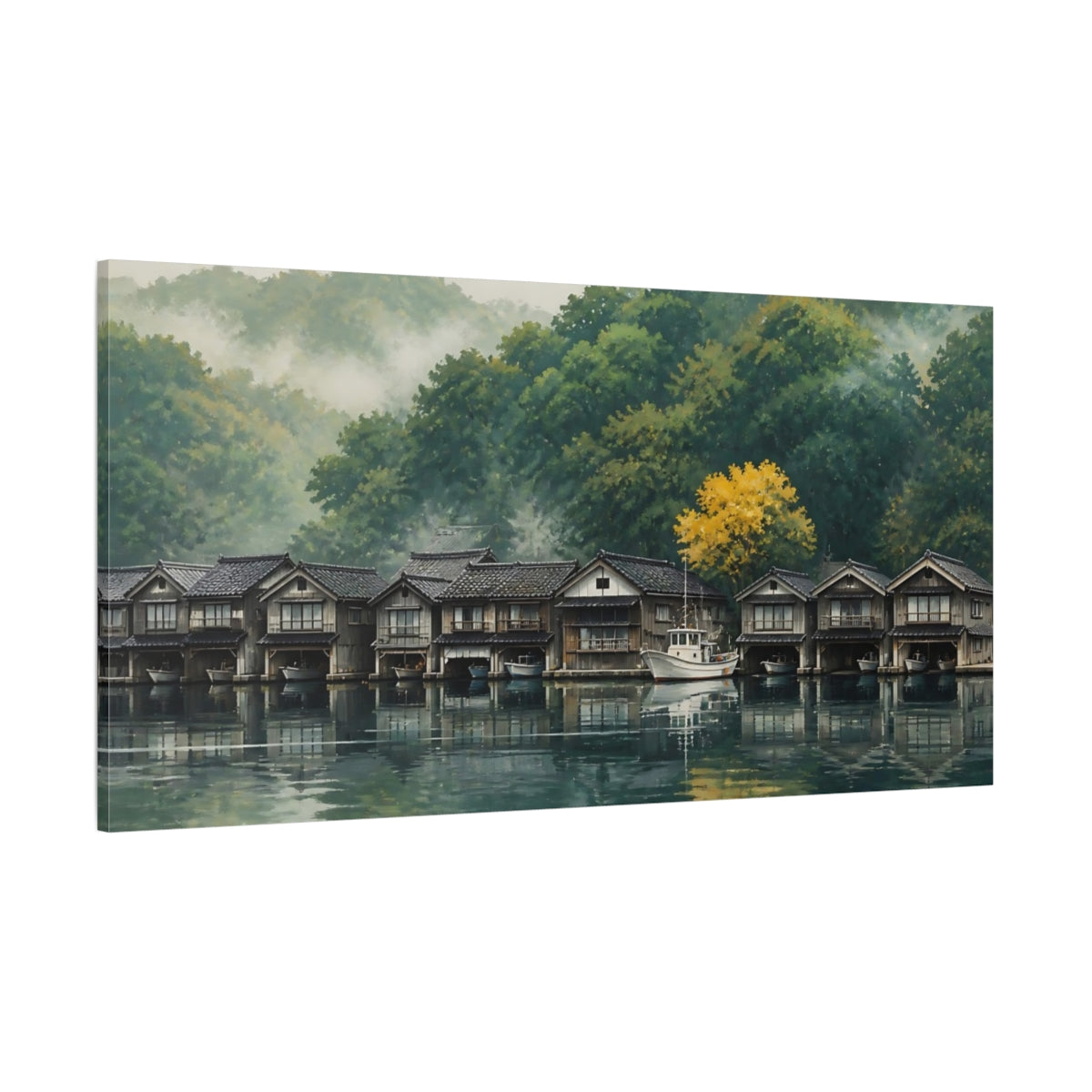 Side Mockup 2. Misty Morning Boathouses shown as canvas print