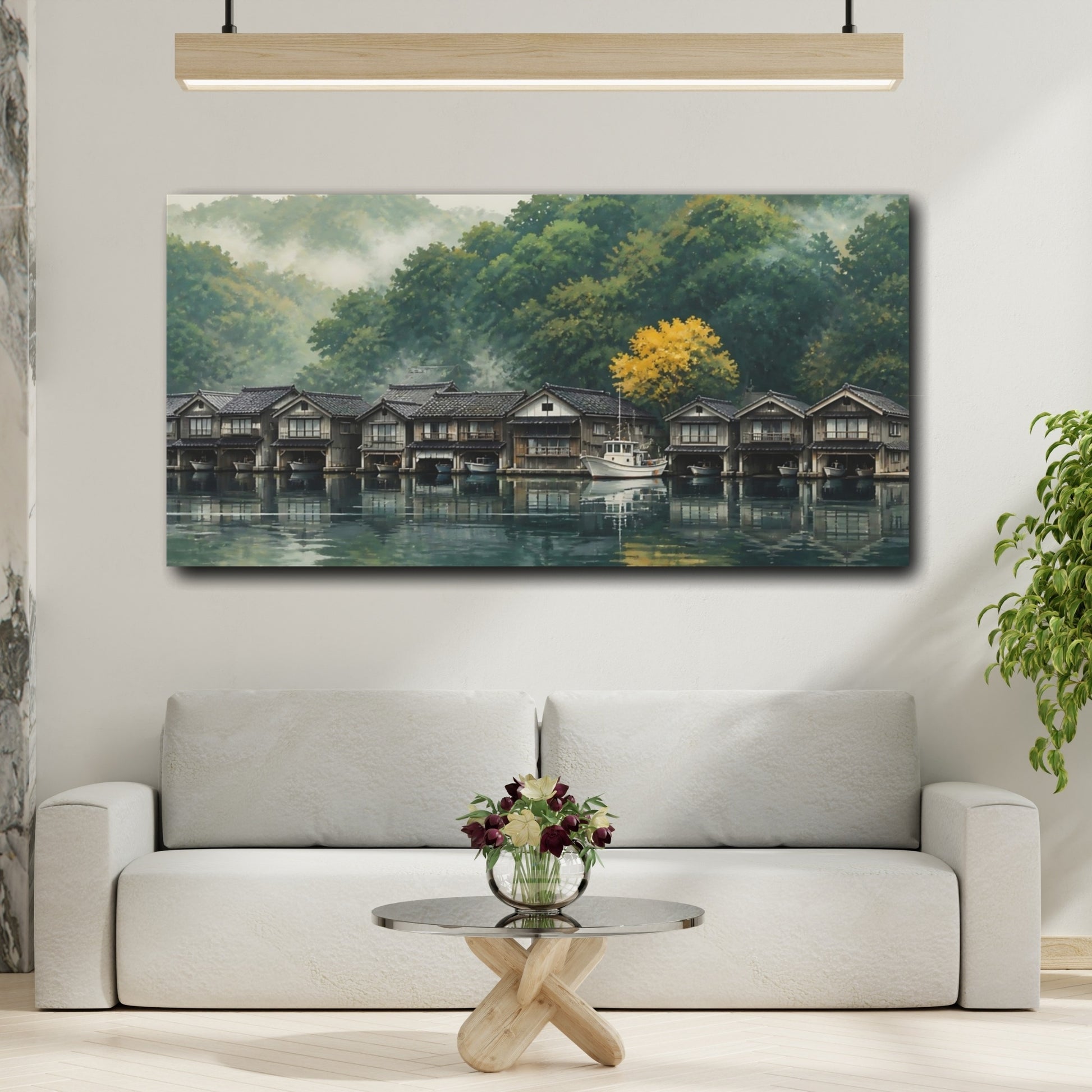 Mockup 2. Misty Morning Boathouses shown as canvas print