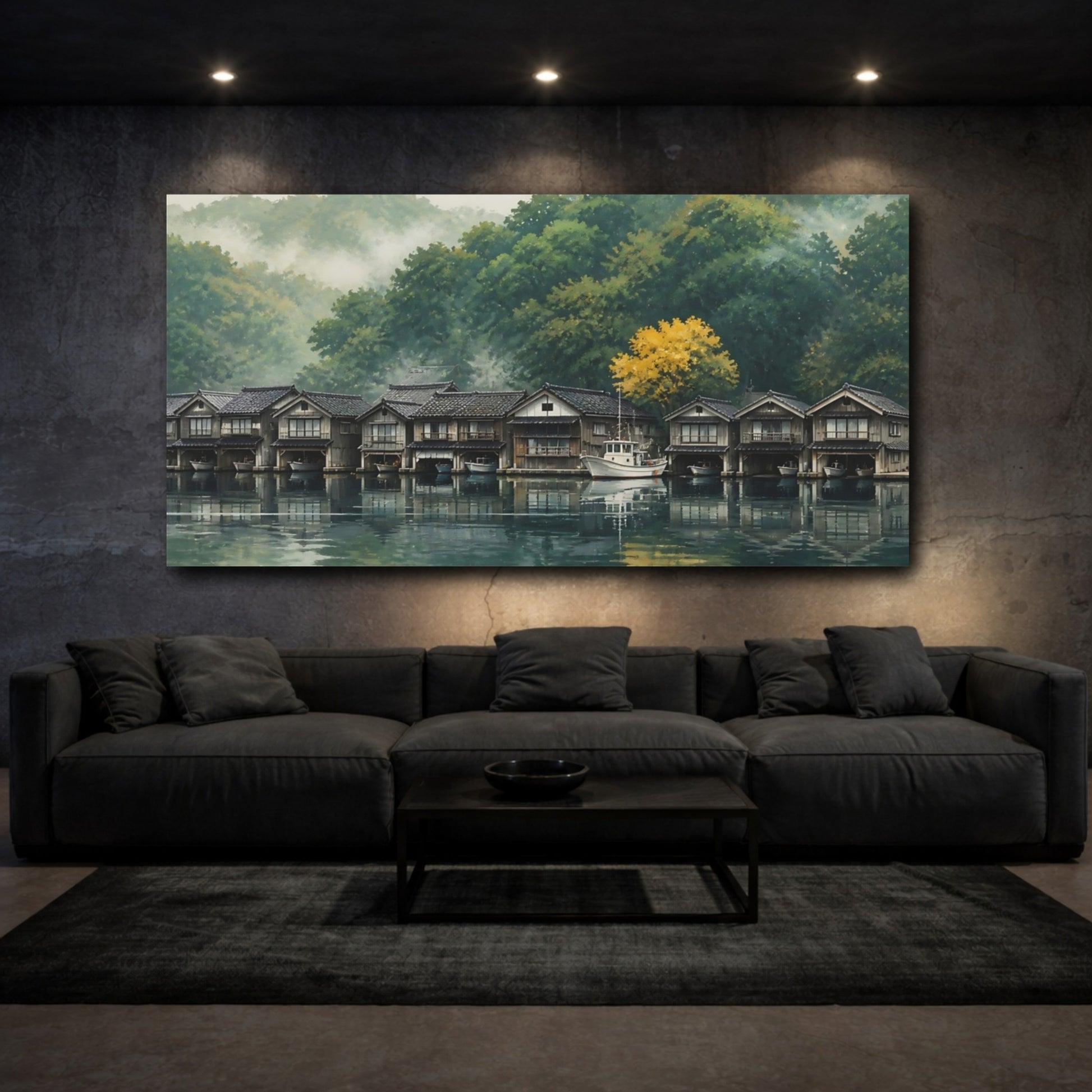 Mockup 3. Misty Morning Boathouses shown as canvas print