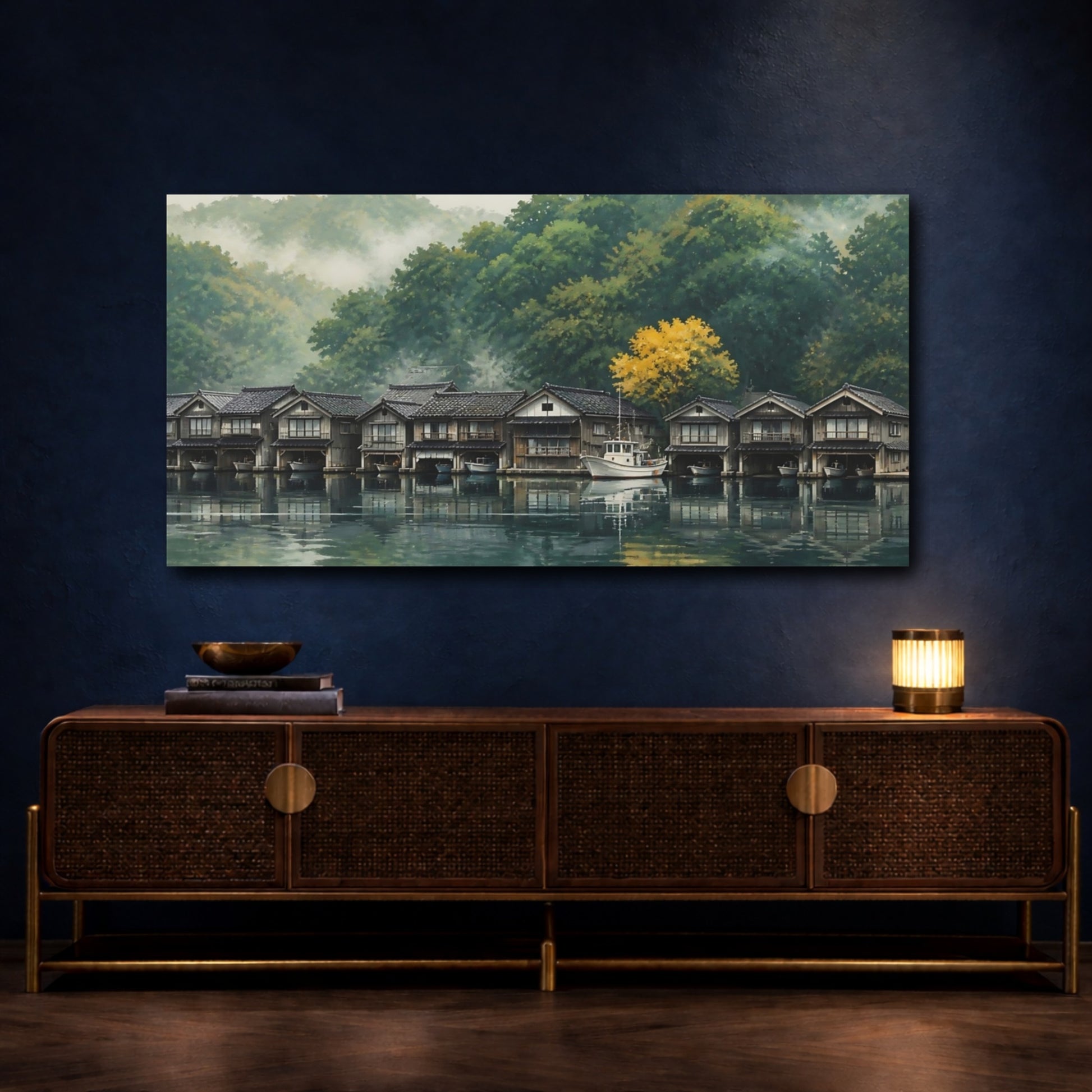 Mockup 4. Misty Morning Boathouses shown as canvas print