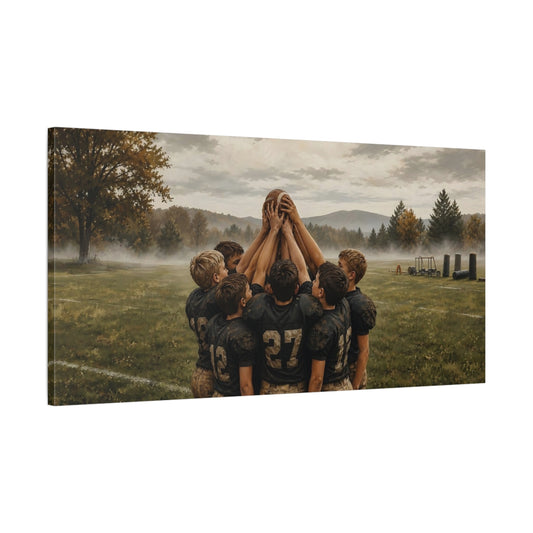 Main Mockup. Misty Morning Huddle shown as canvas print