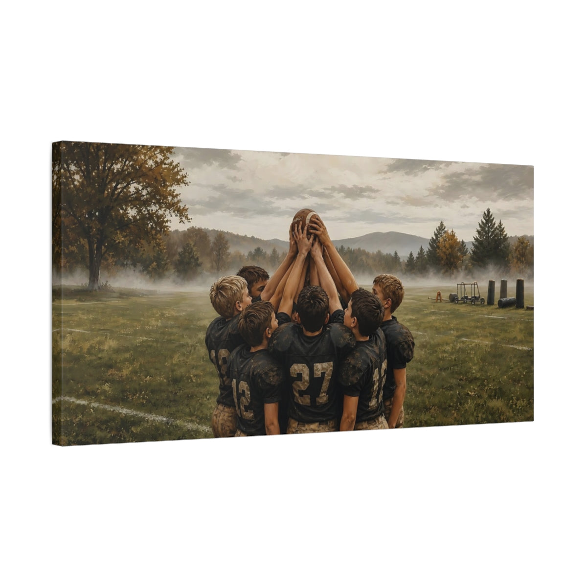 Side Mockup 1. Misty Morning Huddle shown as canvas print