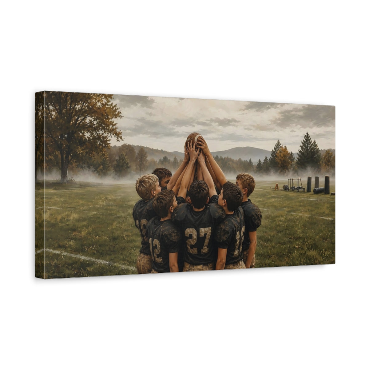 Side Mockup 3. Misty Morning Huddle shown as canvas print