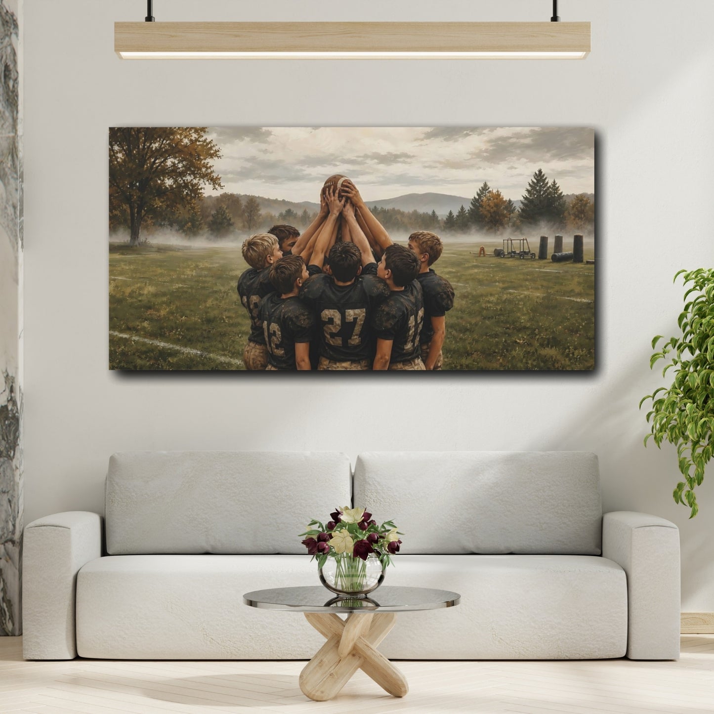Mockup 2. Misty Morning Huddle shown as canvas print