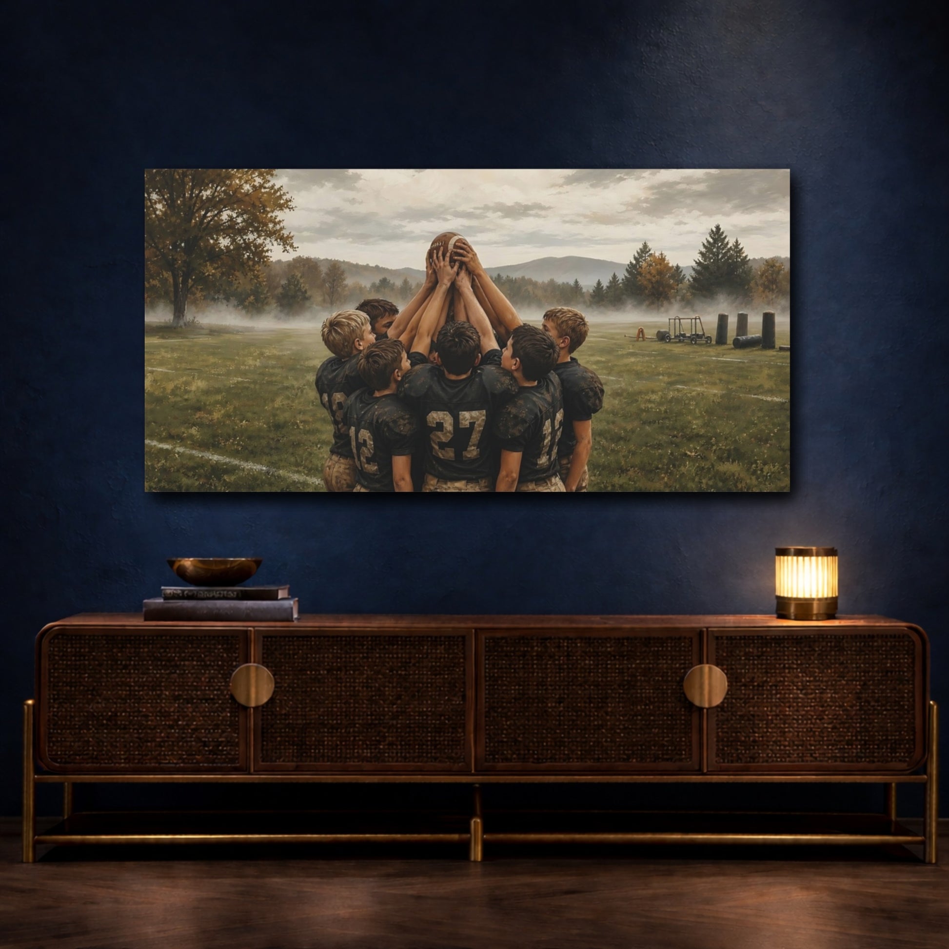 Mockup 4. Misty Morning Huddle shown as canvas print