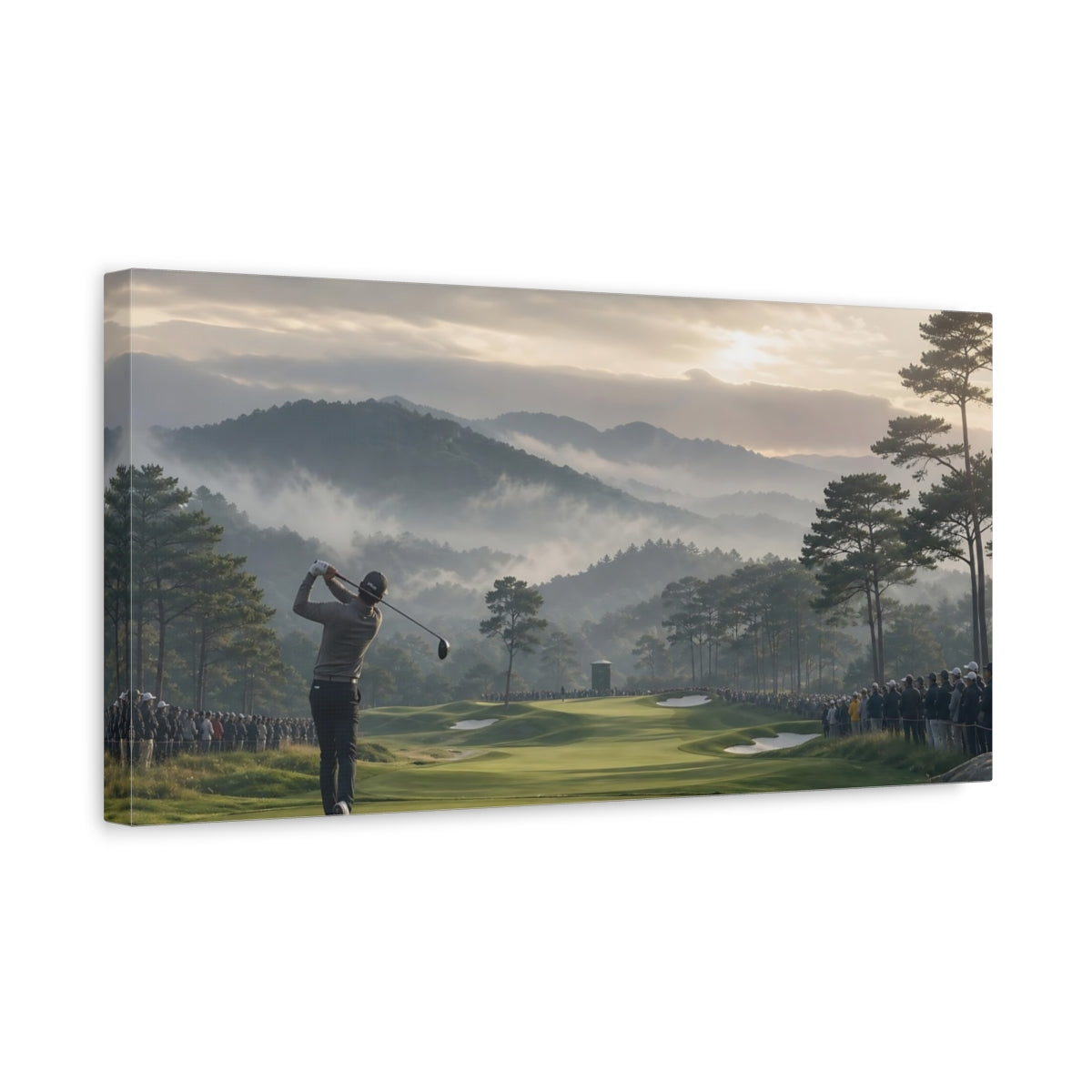 Side Mockup 3. Misty Morning Tee Off shown as canvas print