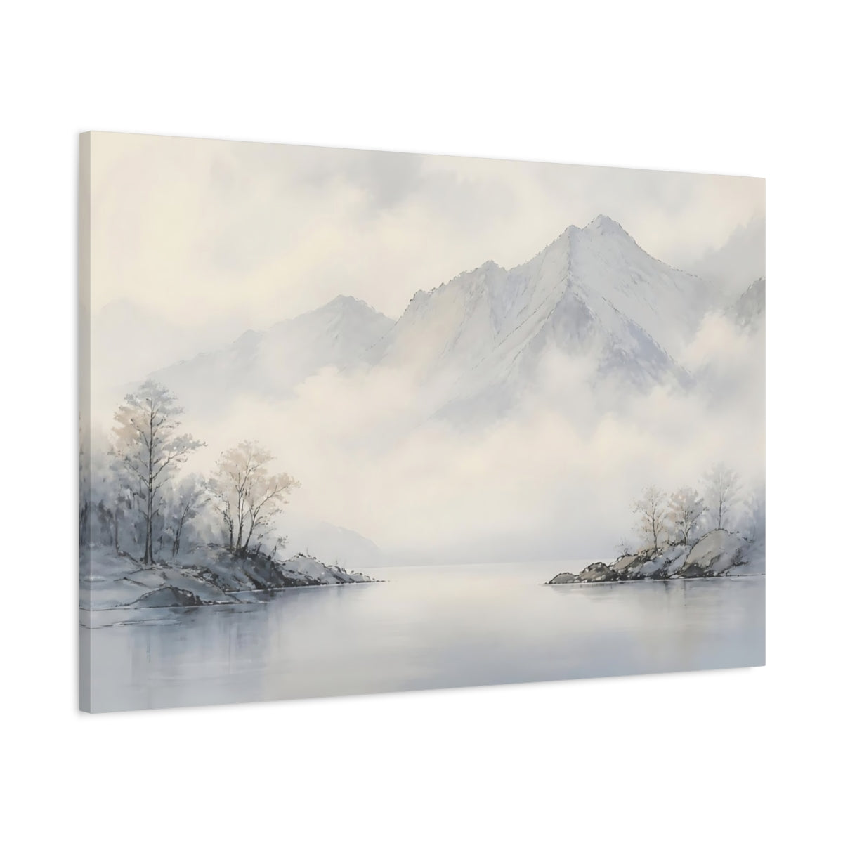 Main Mockup. Misty Mountain Lake shown as canvas print