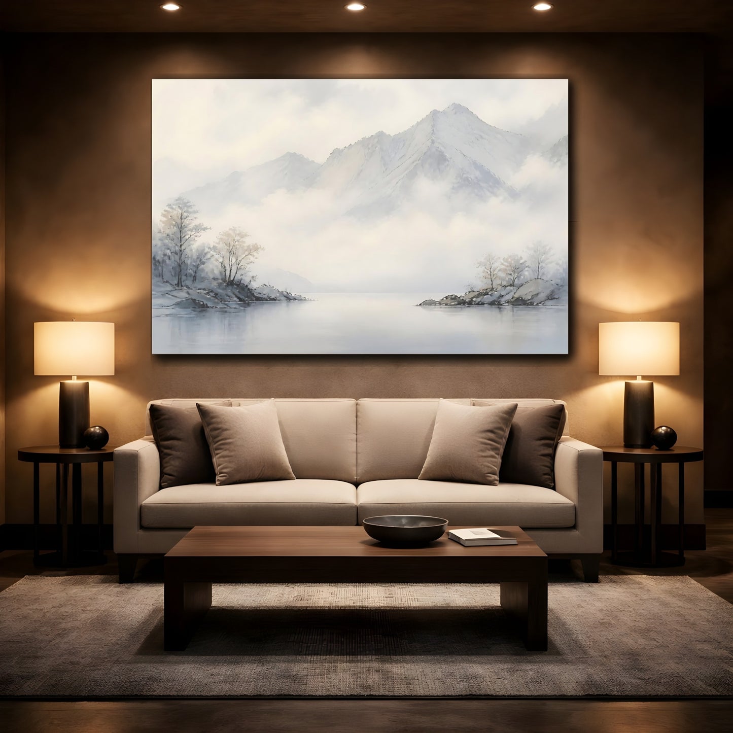 Mockup 2. Misty Mountain Lake shown as canvas print