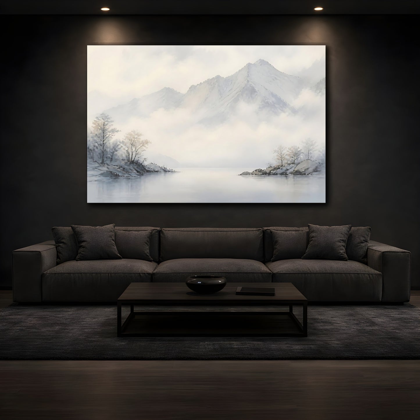 Mockup 3. Misty Mountain Lake shown as canvas print