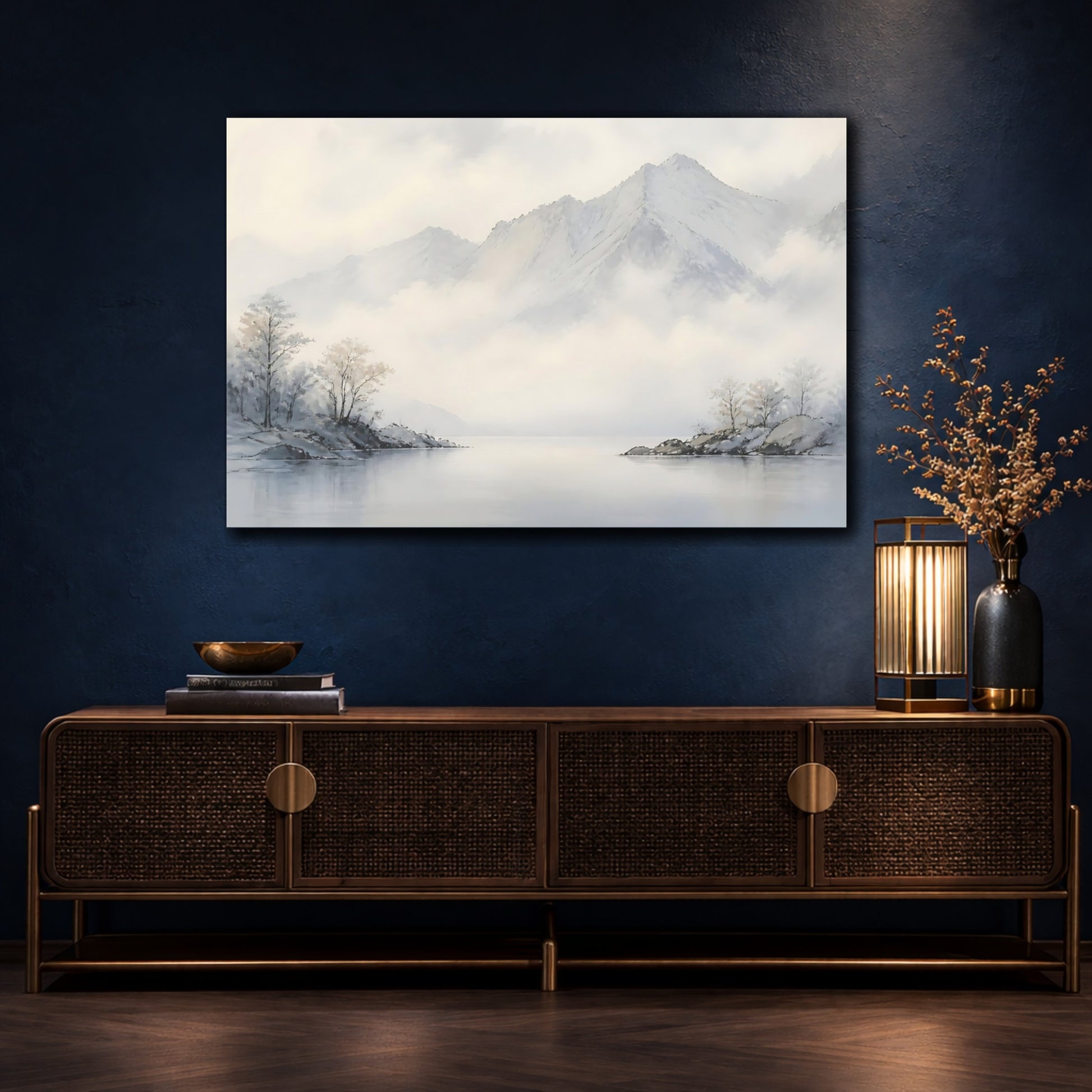 Mockup 4. Misty Mountain Lake shown as canvas print