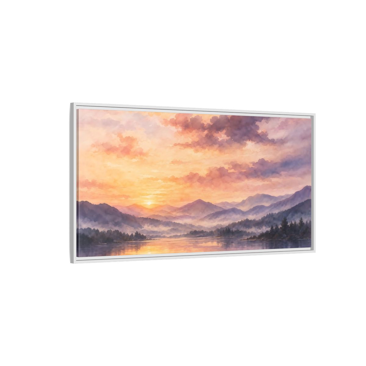 Side Mockup 3. Misty Mountain Lake Sunset shown as framed canvas print