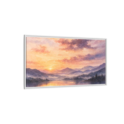 Side Mockup 3. Misty Mountain Lake Sunset shown as framed canvas print