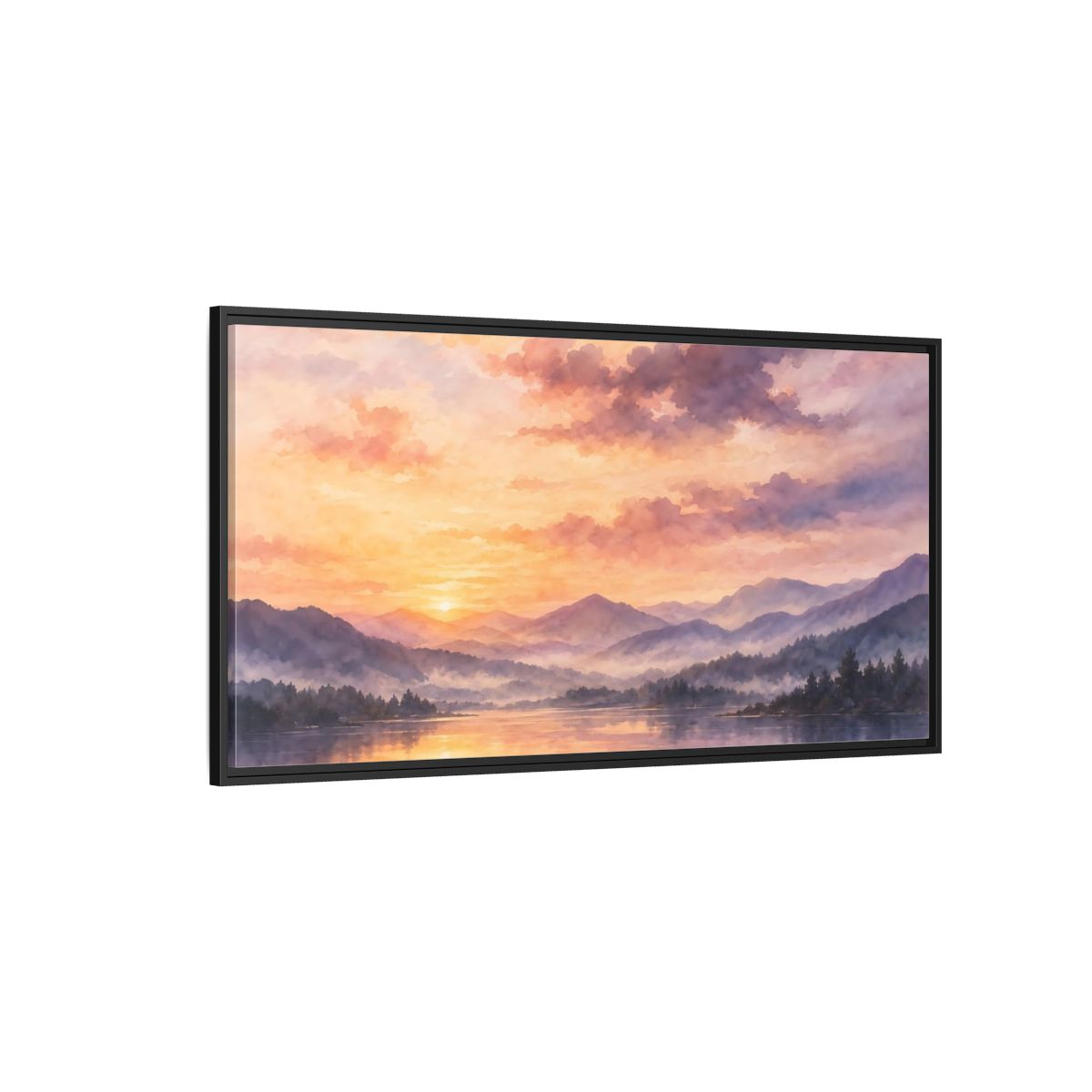 Side Mockup 5. Misty Mountain Lake Sunset shown as framed canvas print