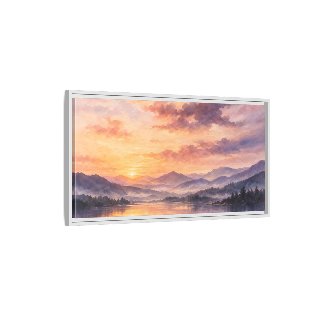 Side Mockup 1. Misty Mountain Lake Sunset shown as framed canvas print