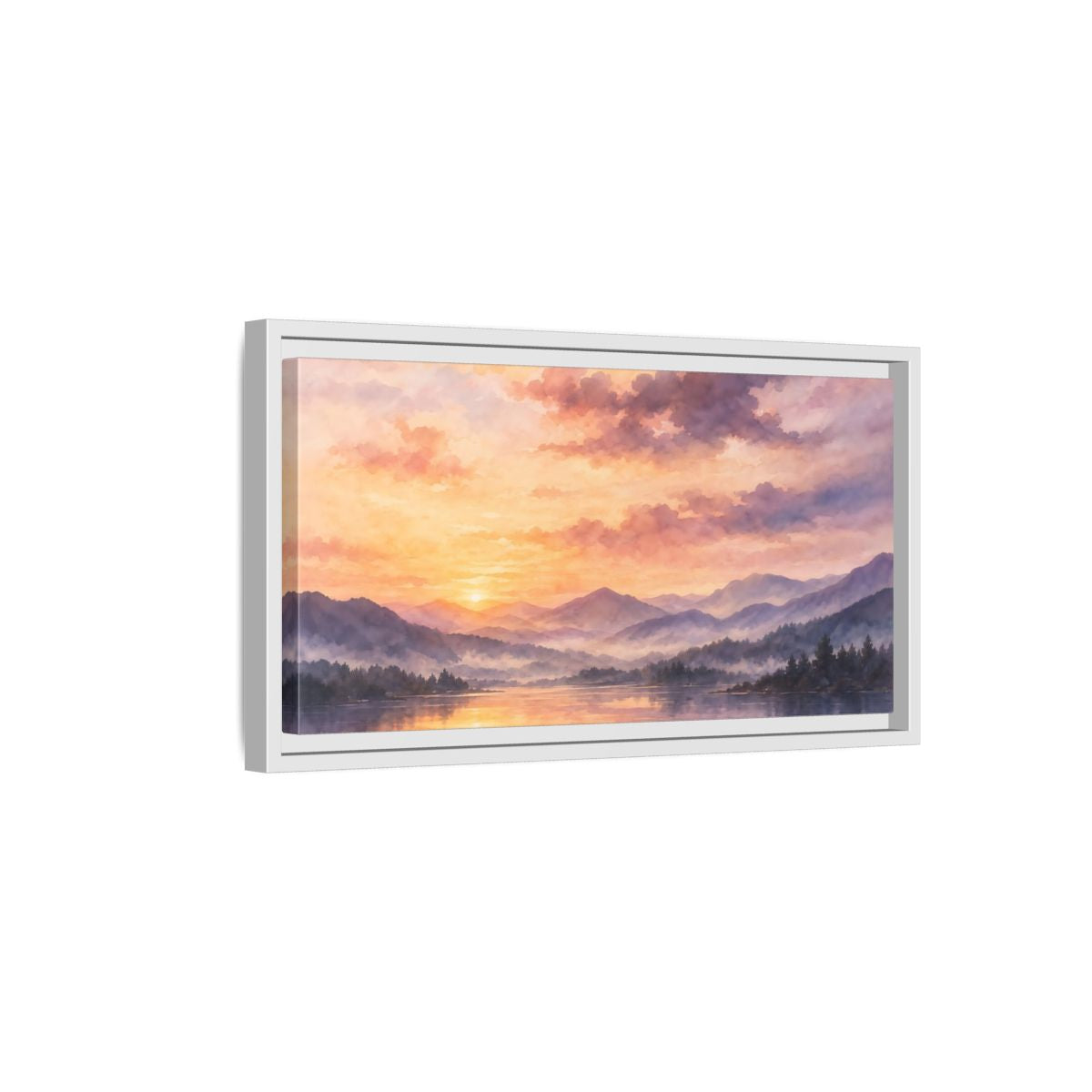 Side Mockup 6. Misty Mountain Lake Sunset shown as framed canvas print