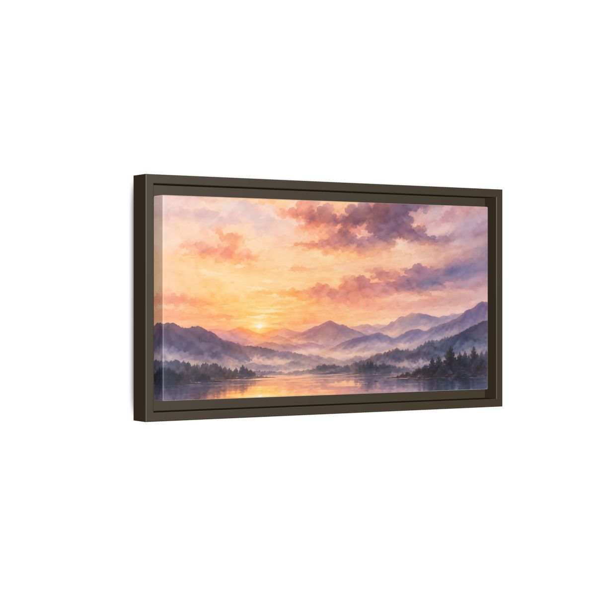 Side Mockup 7. Misty Mountain Lake Sunset shown as framed canvas print