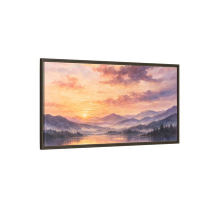 Side Mockup 4. Misty Mountain Lake Sunset shown as framed canvas print