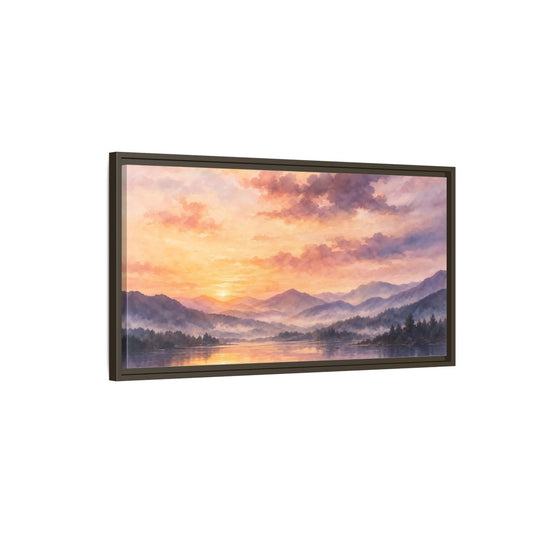 Main Mockup. Misty Mountain Lake Sunset shown as framed canvas print