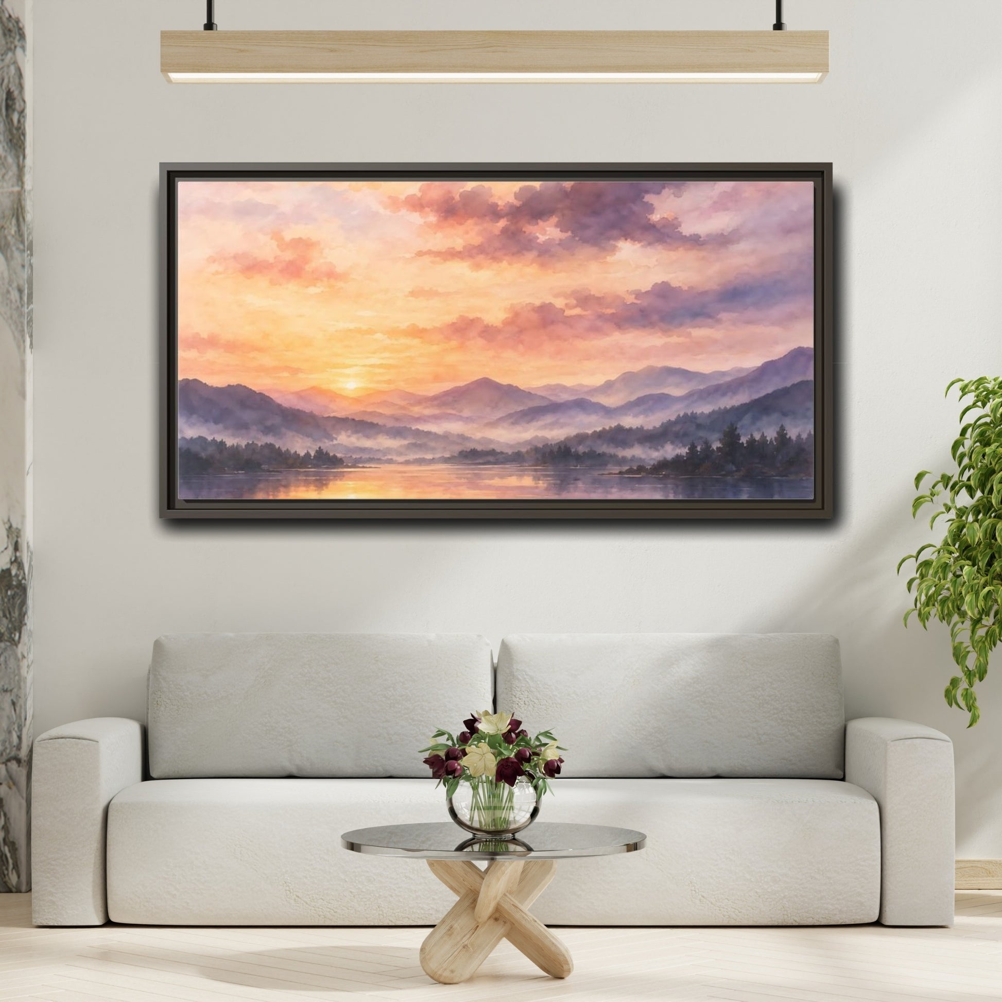 Mockup 2. Misty Mountain Lake Sunset shown as framed canvas print