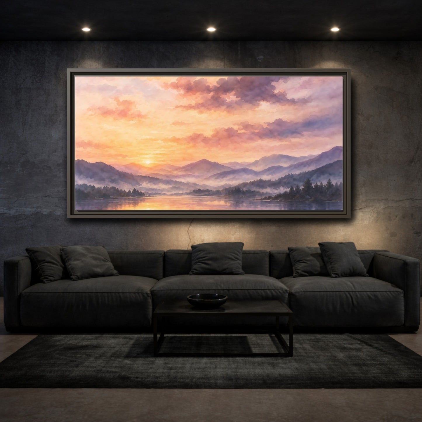 Mockup 3. Misty Mountain Lake Sunset shown as framed canvas print
