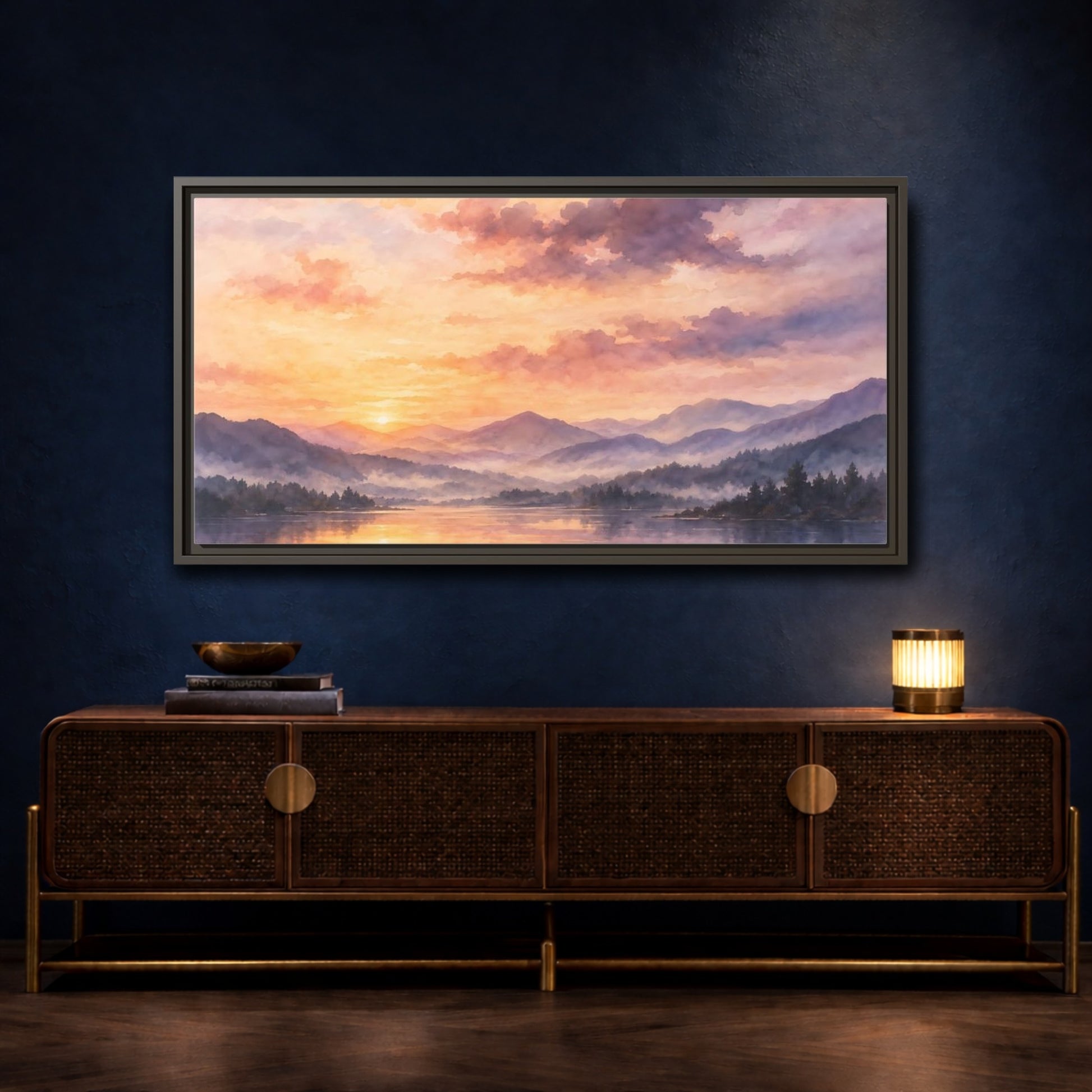 Mockup 4. Misty Mountain Lake Sunset shown as framed canvas print
