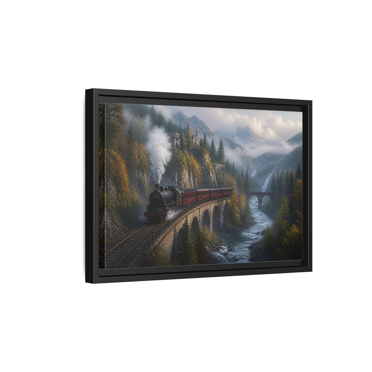 Side Mockup 6. Misty Mountain Railway shown as framed canvas print