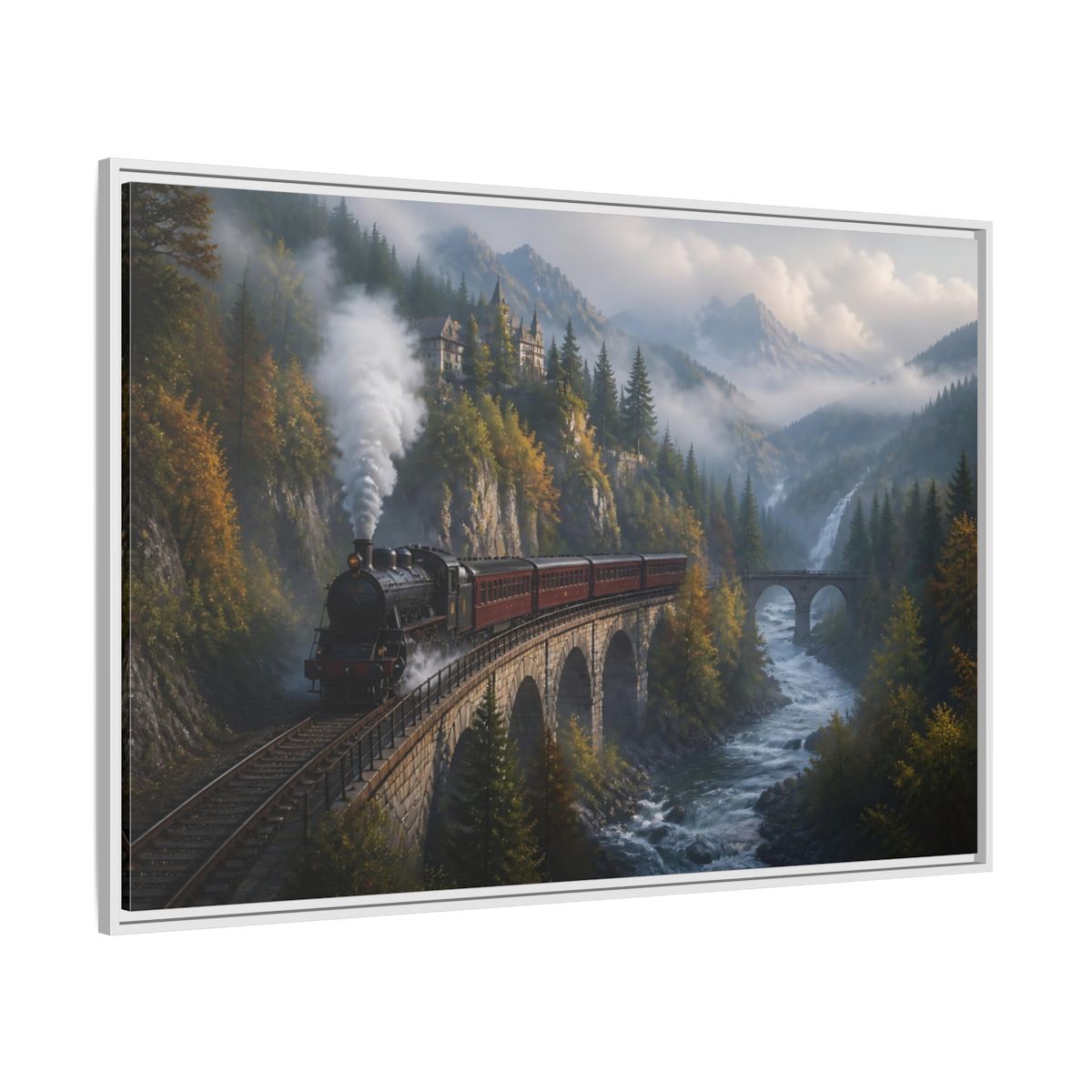 Side Mockup 7. Misty Mountain Railway shown as framed canvas print