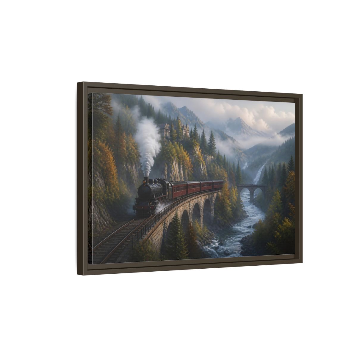 Side Mockup 2. Misty Mountain Railway shown as framed canvas print