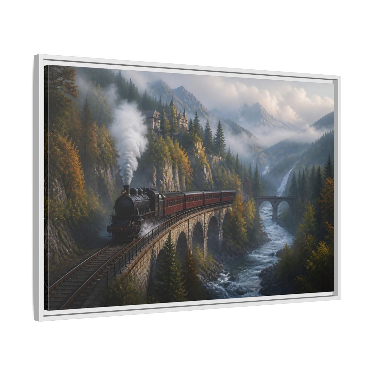 Side Mockup 9. Misty Mountain Railway shown as framed canvas print
