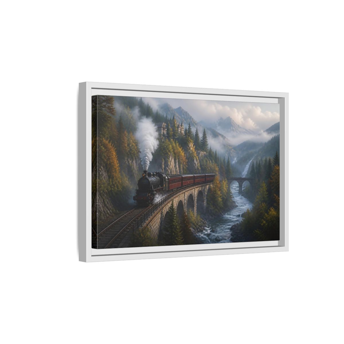 Side Mockup 4. Misty Mountain Railway shown as framed canvas print