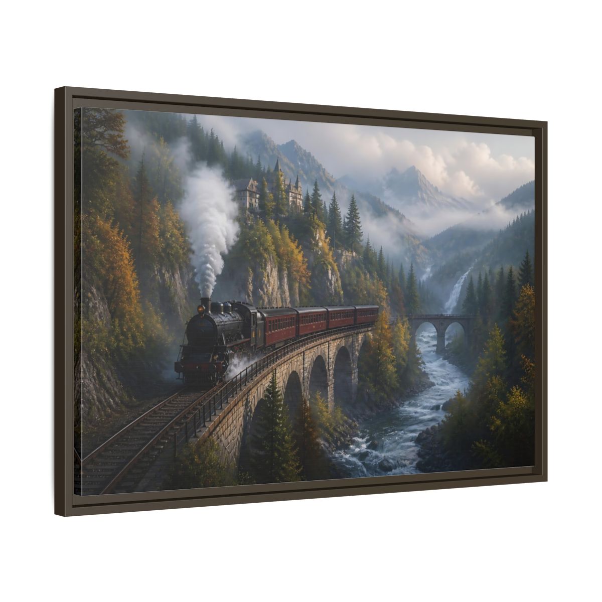 Side Mockup 11. Misty Mountain Railway shown as framed canvas print