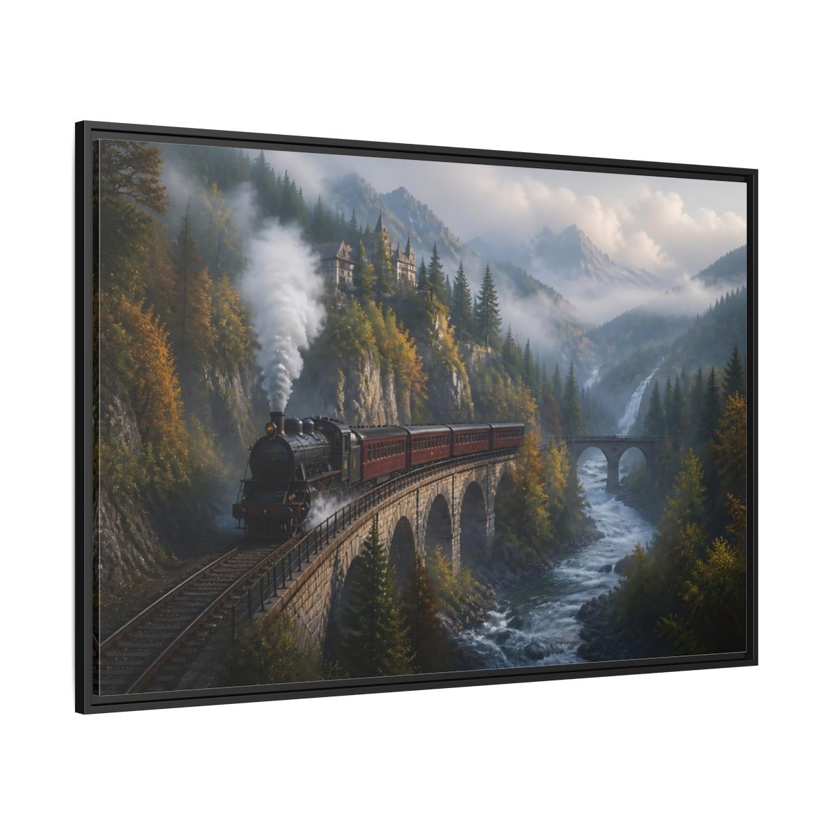 Side Mockup 12. Misty Mountain Railway shown as framed canvas print