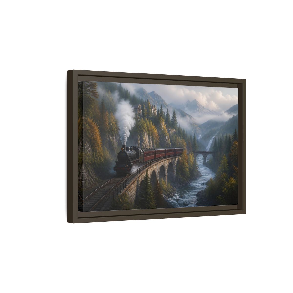 Side Mockup 5. Misty Mountain Railway shown as framed canvas print