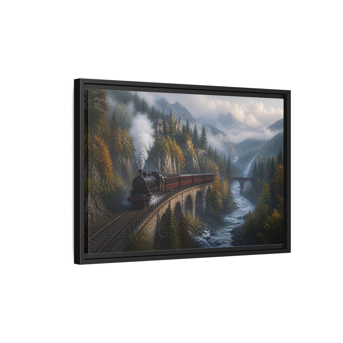Side Mockup 3. Misty Mountain Railway shown as framed canvas print