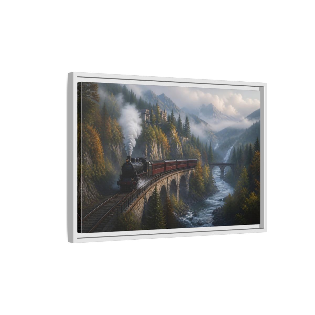 Side Mockup 1. Misty Mountain Railway shown as framed canvas print