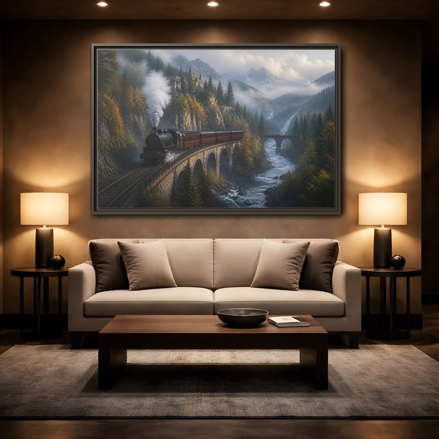 Mockup 2. Misty Mountain Railway shown as framed canvas print