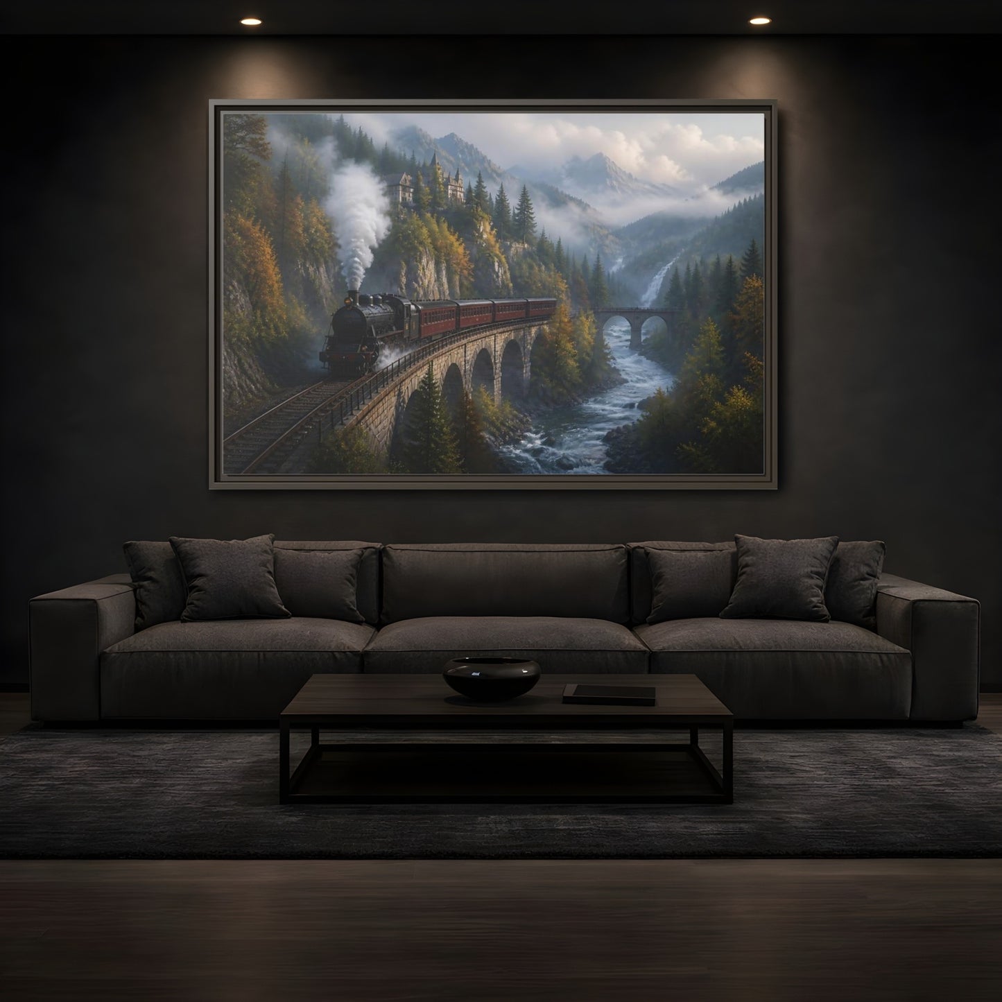 Mockup 3. Misty Mountain Railway shown as framed canvas print