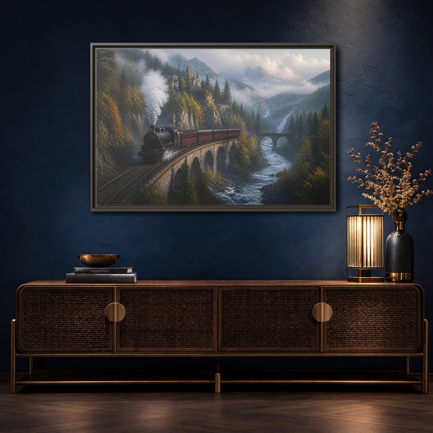 Mockup 4. Misty Mountain Railway shown as framed canvas print