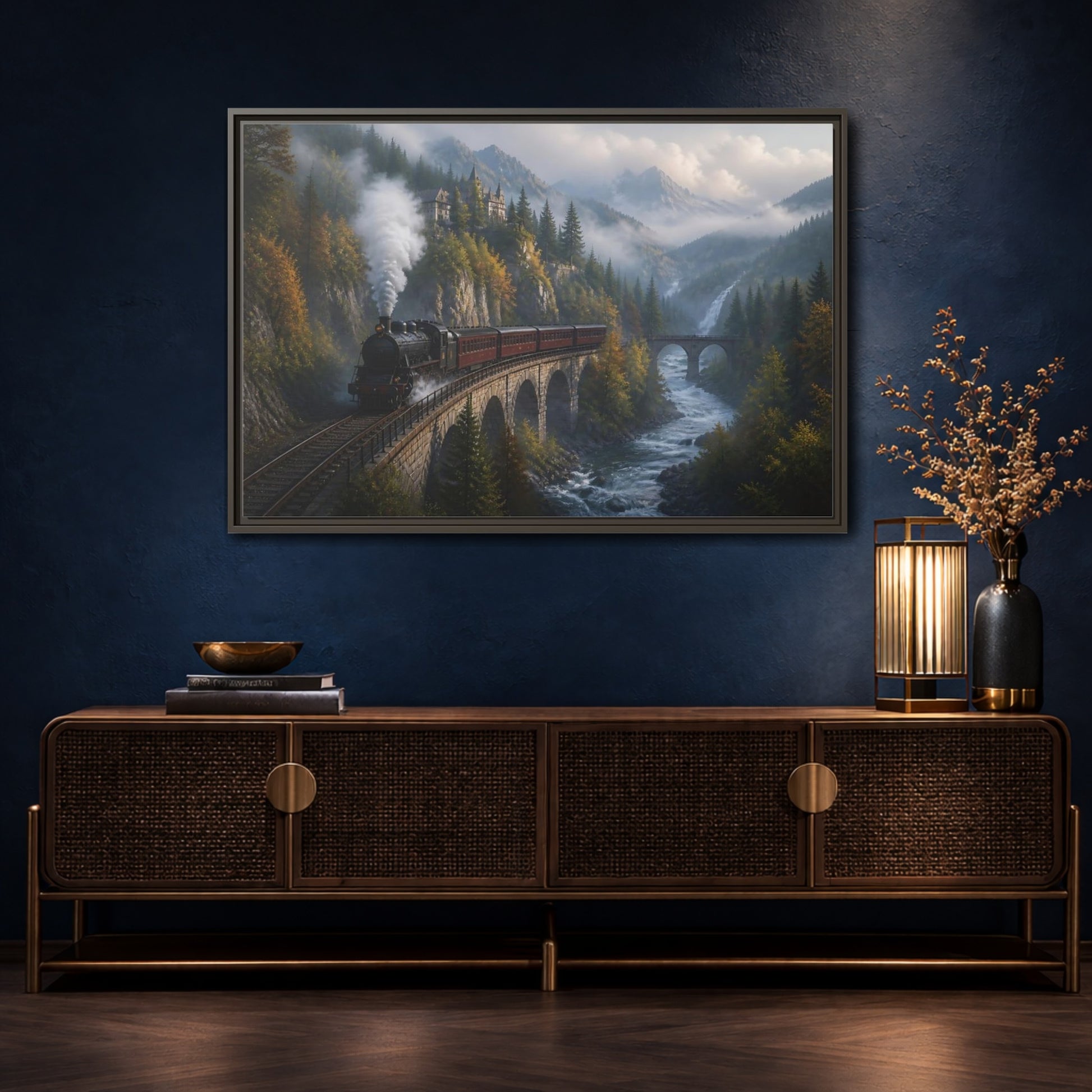 Mockup 4. Misty Mountain Railway shown as framed canvas print
