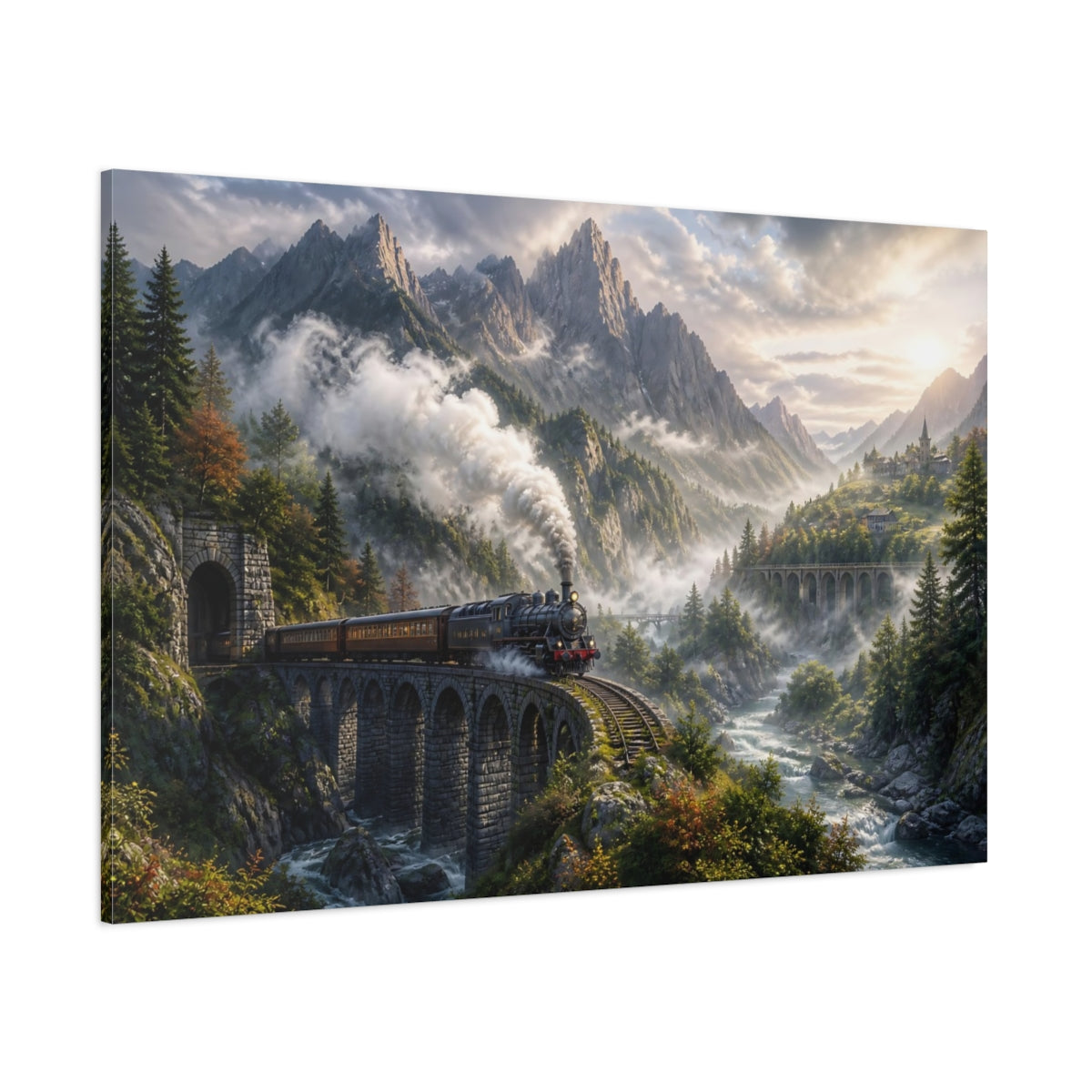 Side Mockup 1. Misty Mountain Steam Train shown as canvas print