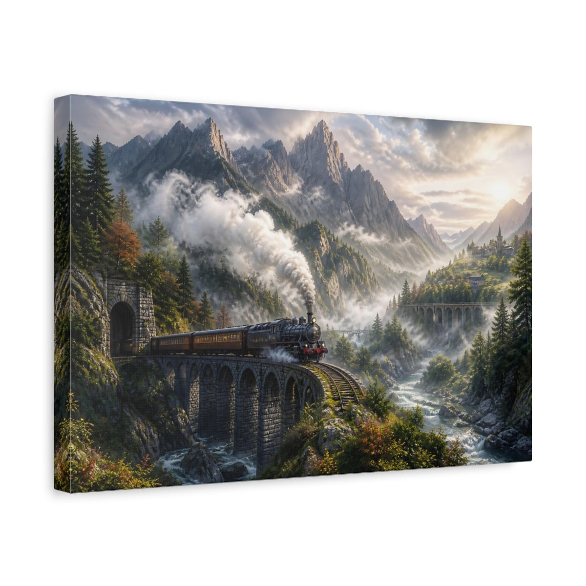 Side Mockup 4. Misty Mountain Steam Train shown as canvas print
