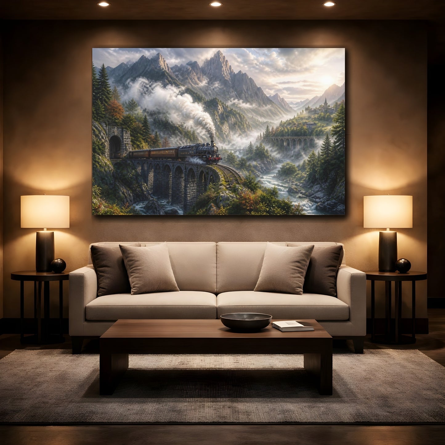 Mockup 2. Misty Mountain Steam Train shown as canvas print