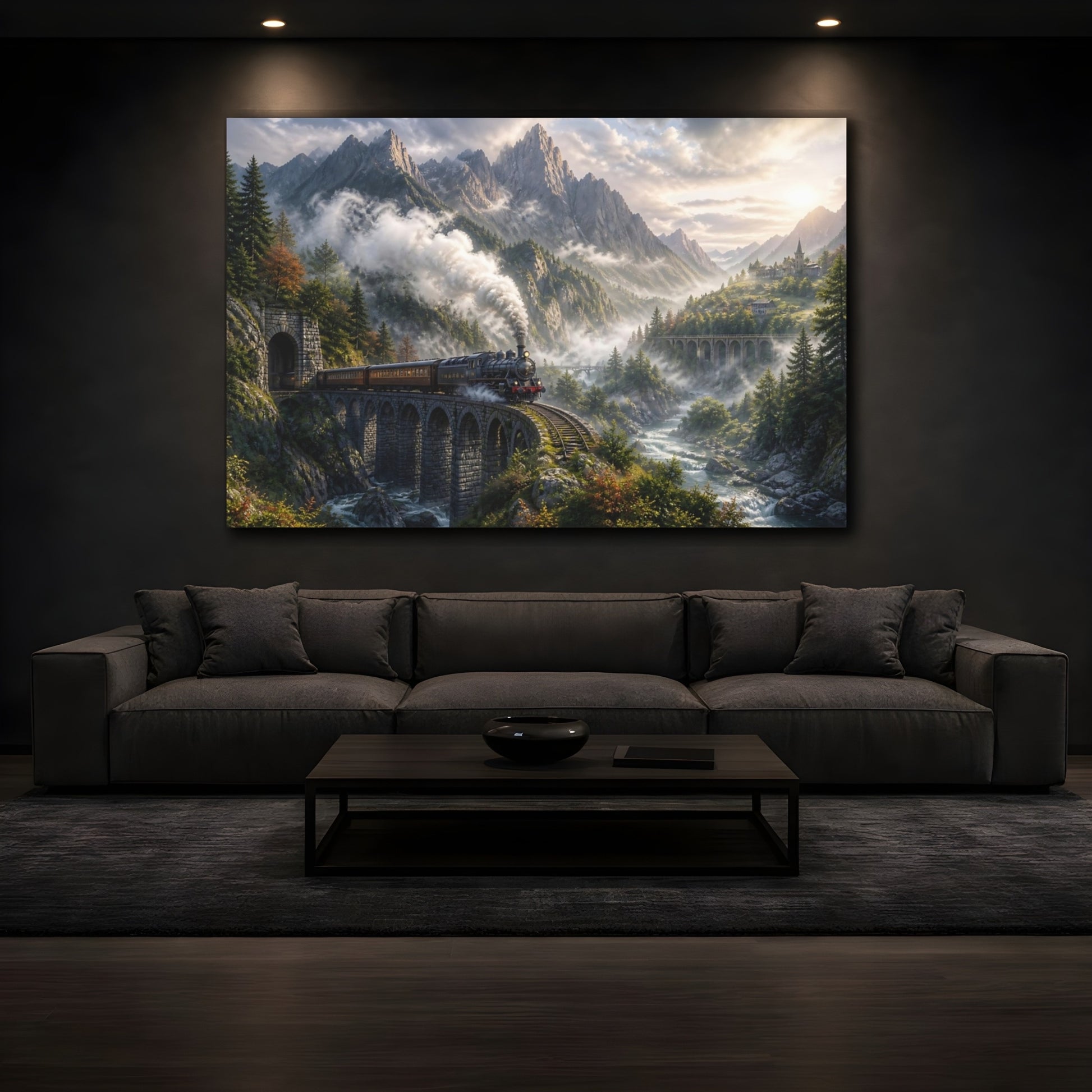 Mockup 3. Misty Mountain Steam Train shown as canvas print
