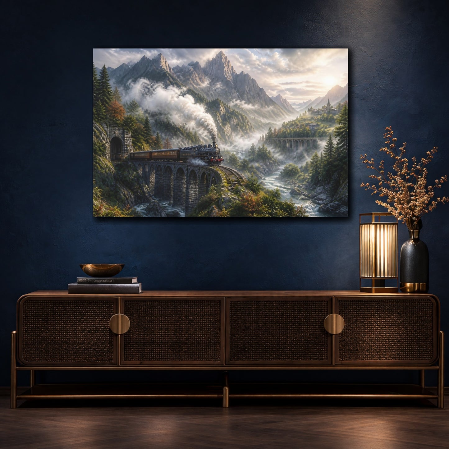 Mockup 4. Misty Mountain Steam Train shown as canvas print