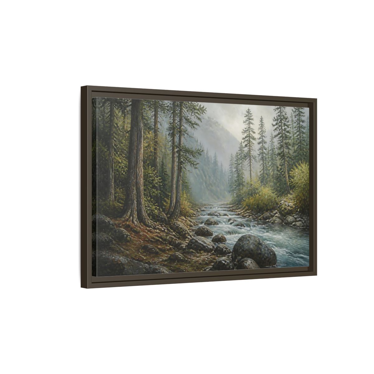 Side Mockup 2. Misty Mountain Stream shown as framed canvas print