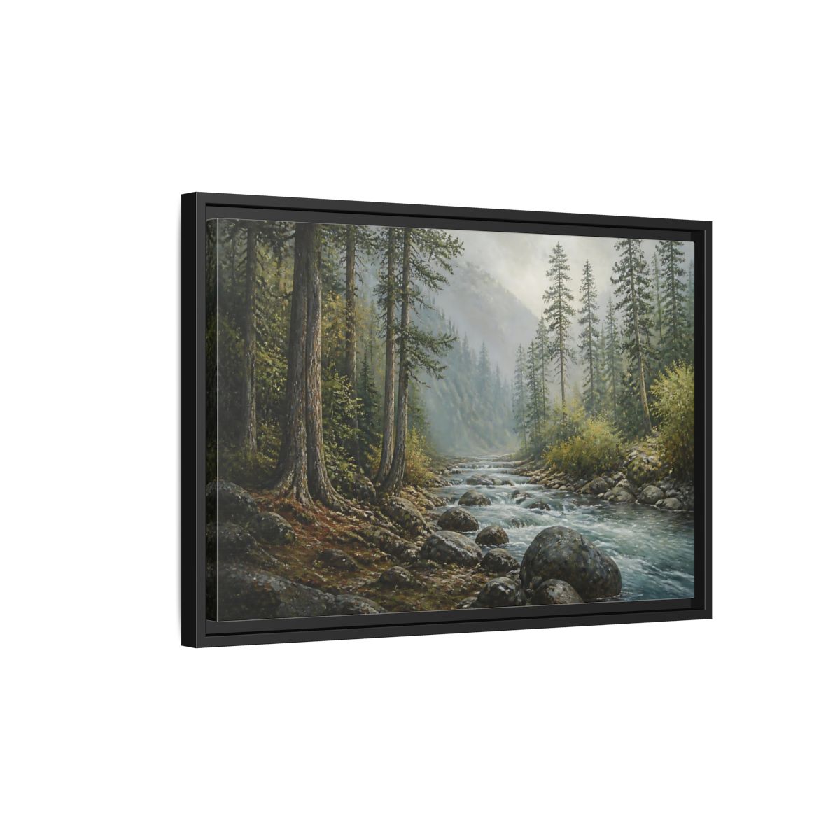 Side Mockup 3. Misty Mountain Stream shown as framed canvas print